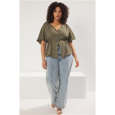 Khaki weaving v -neck -связывающая блузка tbbss22bz0753