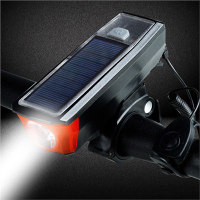 Фонарь передний COMIRON "SUNPOWER" корпус: ABS, IPX4; свет: T6, 350lm аккум: 2000 mAh USB сигнал 120Дб POWER BANK полная зарядка от солнца /уп 80/