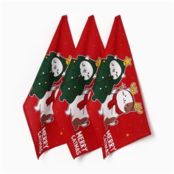 Набор новогодних полотенец "Доляна" Merry catmas 35х60см-3 штуки,100% хлопок 160 г/м2