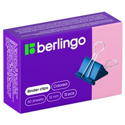 Зажимы для бумаг 15мм, Berlingo, 12шт., цветные, картонная коробка