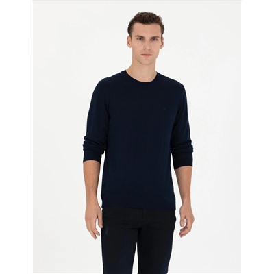 Navy Blue Slim Fit Bike Worke Wool Смешанный базовый вязаный свитер
