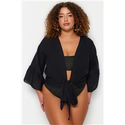 Black Cruve Yaka Arm Ruffled Skining Детальная пляжная одежда Большой размер блузки TBBSS23AH00113