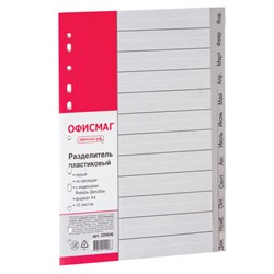 Разделитель пластиковый ОФИСМАГ, А4, 12 листов, Январь-Декабрь, оглавление, серый, РОССИЯ, 225606