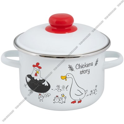 CHIKENS STORIES Кастрюля белый (цилиндр) 2,0л металлическая крышка,пластиковая ручка/кнопка,толщина стенок 0,8мм,индукционное дно 0,8мм (8)