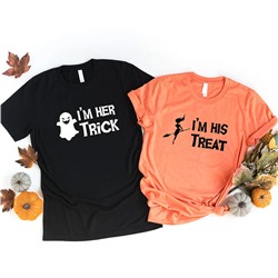 Парные футболки для двоих на Хэллоуин "Im her Trick, Im his Treat"