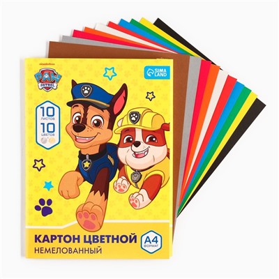 Цветной картон, А4, 10 листов, 10 цветов, немелованный, односторонний, в папке, 220 г/м², «Щенячий патруль»