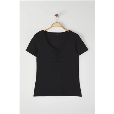 Black v -yaka Shirring Detailed CashCorere Блузя большого размера TBBSS25AF00054