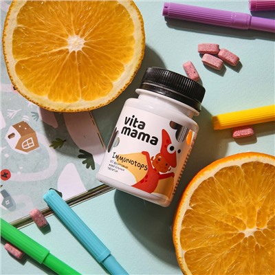 Immunotops, фруктовые жевательные таблетки с витаминами A, C и D - Vitamama 90 таблеток