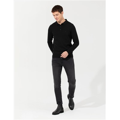 Black Slim Fit Polo yaka Basic Knitwear Kazakh