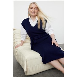 Темно -синий v -neck пояс тонкое трикотажное платье tbbaw25ah00003