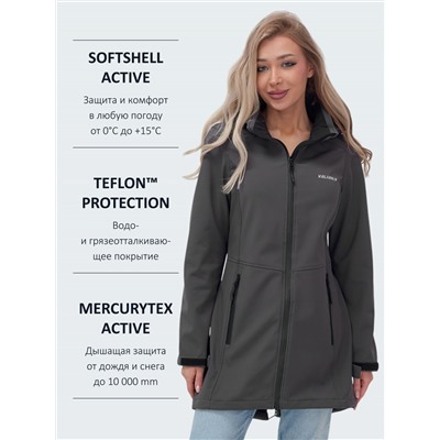 Парка спортивная женская с капюшоном softshell темно-серого цвета 9568TC