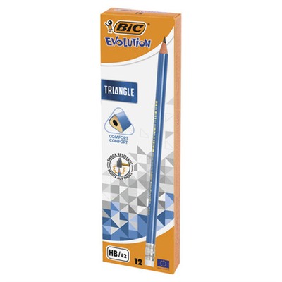 Карандаш чернографитный BIC, 1 шт., "Evolution Triangle", HB, трехгранный, с резинкой, корпус синий, заточенный, 964849