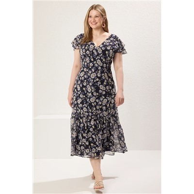 Яговый синий цветок Midi Chefon Plowing Big Size Платье TBBSS25AH00132