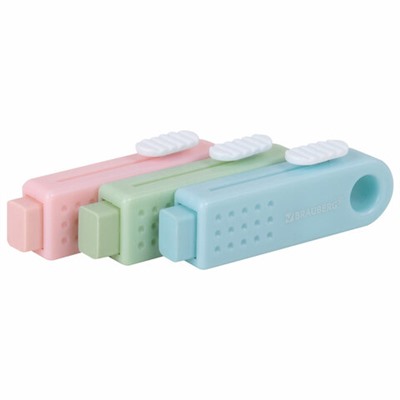 Ластики выдвижные BRAUBERG "Slider Mini", НАБОР 3 ШТУКИ, 68х12х8 мм, пастельные цвета, блистер, 271992