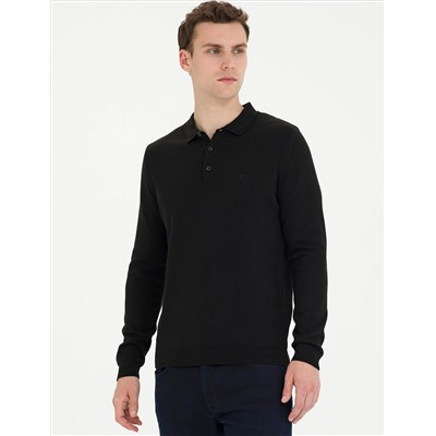 Black Slim Fit Polo yaka Basic Knitwear Kazakh
