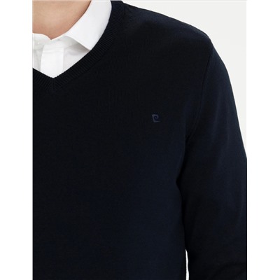 Темно -синий Slim Fit V Шея Основной вязаный свитер
