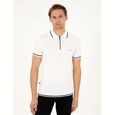 Ekru Slim Fit Fit, на молнии, поло, шерсть yaka смешанный трикотаж T -For