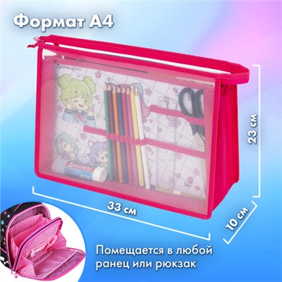 Папка для труда BRAUBERG А4, 2 отделения, пластик, молния сверху, органайзер, "Anime party", 272214