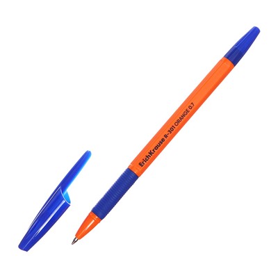 Ручка шариковая ErichKrause R-301 Orange Stick & Grip, узел 0.7 мм, чернила синие, резиновый держатель, длина линии письма 2000 метров