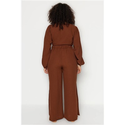 Brown Slip подробный высокий Laral Bürümcük Wide Paja Beach Clothing Plants Tbbss23ar00012