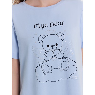 Сорочка ночная женская голубая с принтом"cute bear"