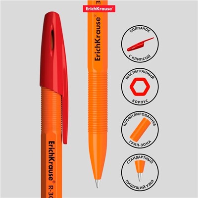 Ручка шариковая ErichKrause R-301 Orange Stick, узел 0.7 мм, чернила красные, длина линии письма 2000 метров, штрихкод на ручке