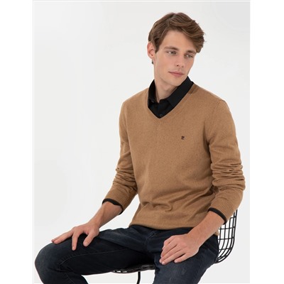 Camel Melange Slim Fit V-образный свитер с V-образным вырезом Базовый трикотажный