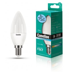 Нарушена упаковка.   Светодиодная лампа E14 8W 4500К (белый) C35 Camelion  (12386) LED8-C35/845/E14