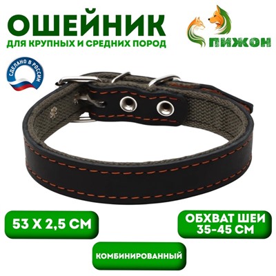 Ошейник комбинированный кожа/брезент, 53 х 2.5 см, ОШ 35-45 см, чёрный