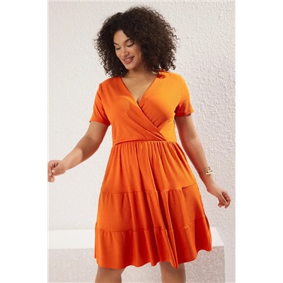 Orange v -neck Stakter вязание платья большого размера TBBSS22EL1638