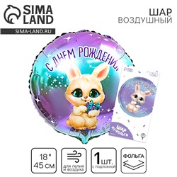 Воздушный шар фольгированный 18" «С днём рождения», зайка, круг, с подложкой