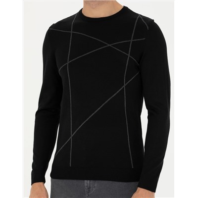 Black Slim Fit Bicycle Olcemed Wool Siped Sweater