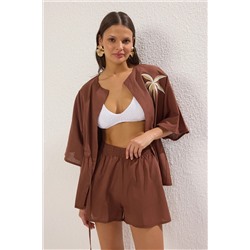 Brown Tealing Palm Elcodery вымпела хлопчатобумажная блузка пляжная команда TBESS25AU00039