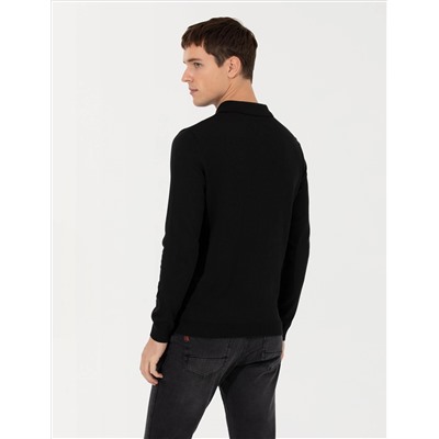 Black Slim Fit Polo yaka Basic Knitwear Kazakh