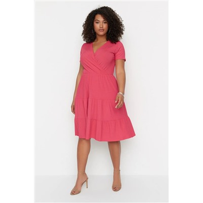 Fuchsia v -neck Stakter вязание платья большого размера TBBSS22EL1638