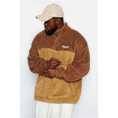 Camel Unisex Большой размер негабаритный/широкий цветовой блок, вышитая плюшевая толстовка Tmnaw24ao00015