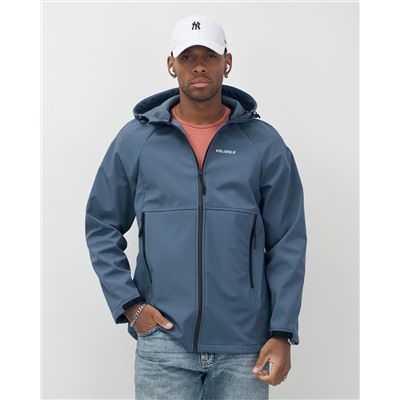 Ветровка спортивная мужская с капюшоном softshell синего цвета 9563S