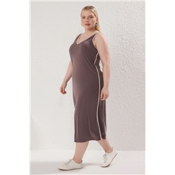 Brown v -neck модальный гибкий вязаный вязание литья Большой размер платье TBBSS25AH00207