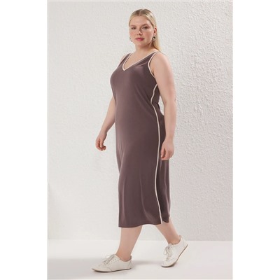 Brown v -neck модальный гибкий вязаный вязание литья Большой размер платье TBBSS25AH00207