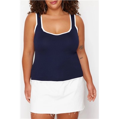 Темно -синяя линия детальная квадратная воротника Bodycon Блузка TBBSS24AF00052