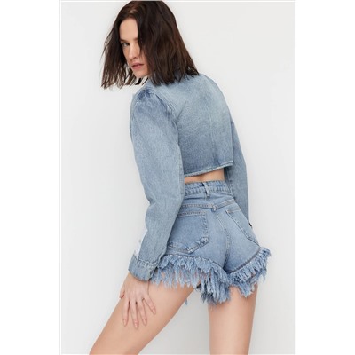 X Sagaza Studio Blue Stone Printed Denim Shorts tclss23sr00000