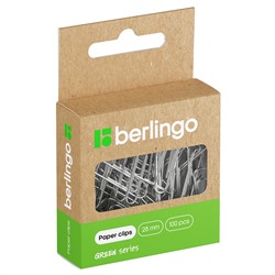Скрепки 28мм, Berlingo "Green Series", 100шт., никелированные, крафт упак., европодвес