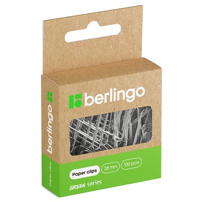 Скрепки 28мм, Berlingo "Green Series", 100шт., никелированные, крафт упак., европодвес