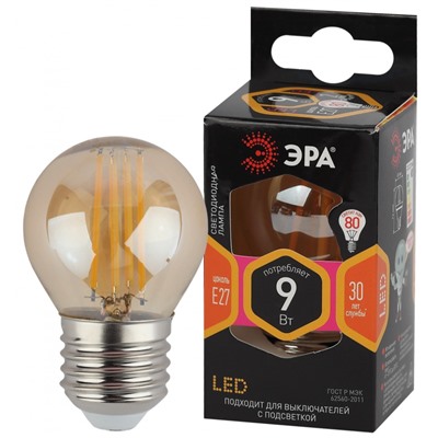 Нарушена упаковка!   Филаментная светодиодная лампа E27 9W 2700К (теплый) Эра F-LED P45-9W-827-E27 gold (Б0047025)