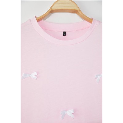 Розовый лук/лента детальная футболка Basic Fit Big Size TBBSS25BF00052