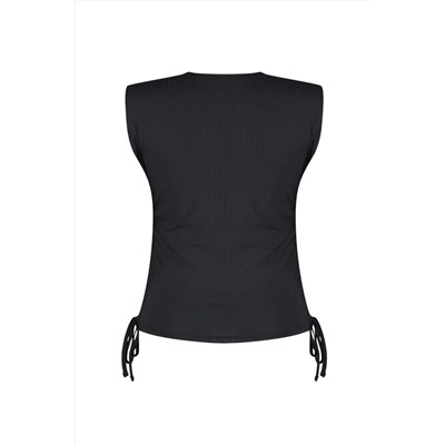 Черные стороны Shirred Homebold вязаная урожая Blought Blouse TBBSS23AF00011