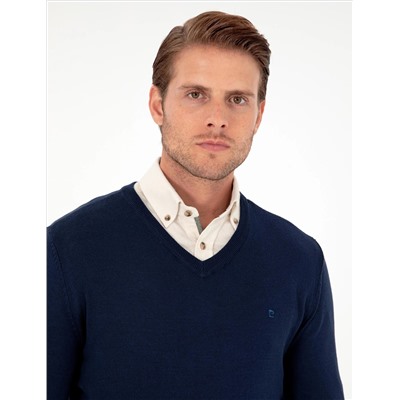 Открытый темно -синий Slim Fit V Neck Basic вязаной свитер