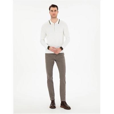 Ekru Slim Fit Zippered polo yaka sipe Смешанный вязаный свитер