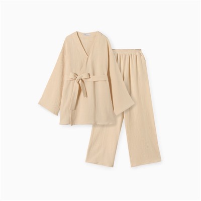 Комплект домашний женский (рубашка на запах, брюки) KAFTAN Basic размер 44-46, молочный