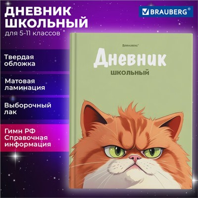 Дневник 5-11 класс 48 л., твердый, BRAUBERG, выборочный лак, с подсказом, Суровый Кот, 107196